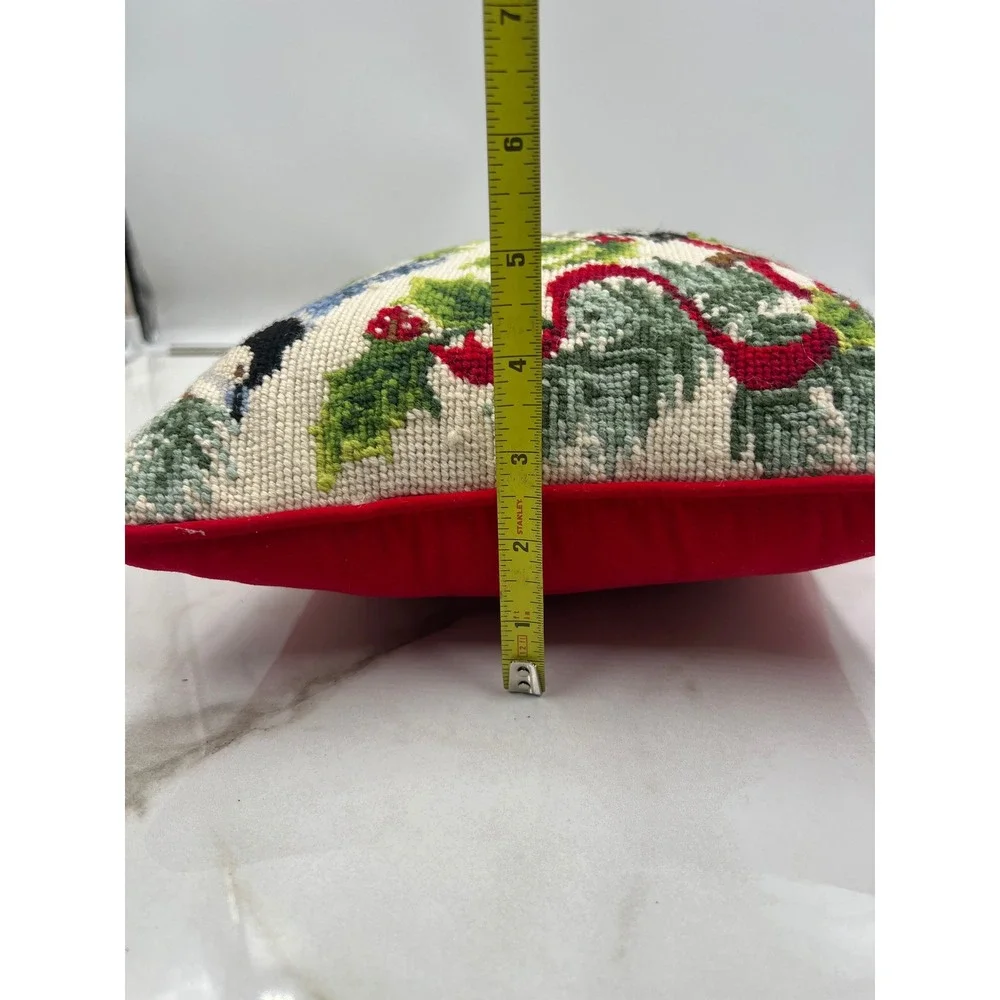 Vintage Needlepoint Christmas Bird Pillow Cardinal Chickadee Blue Jay Red Velvet